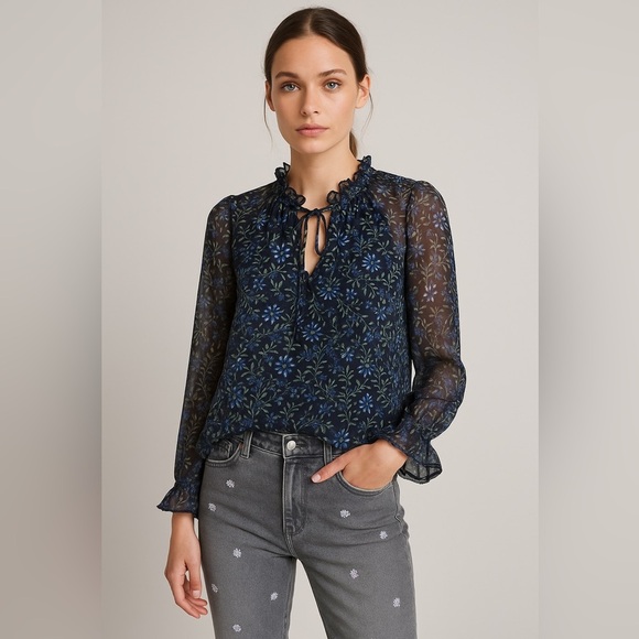LOFT Tops - Shimmer Floral Ruffle Tie Neck